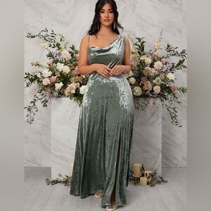 Womens one shoulder beautiful crushed velvet green dress gown size XXL